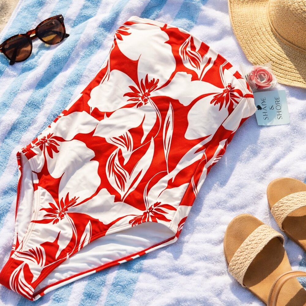 Shade & Shore Red Floral One Piece Swimsuit Women’s Size Large Tropical Print